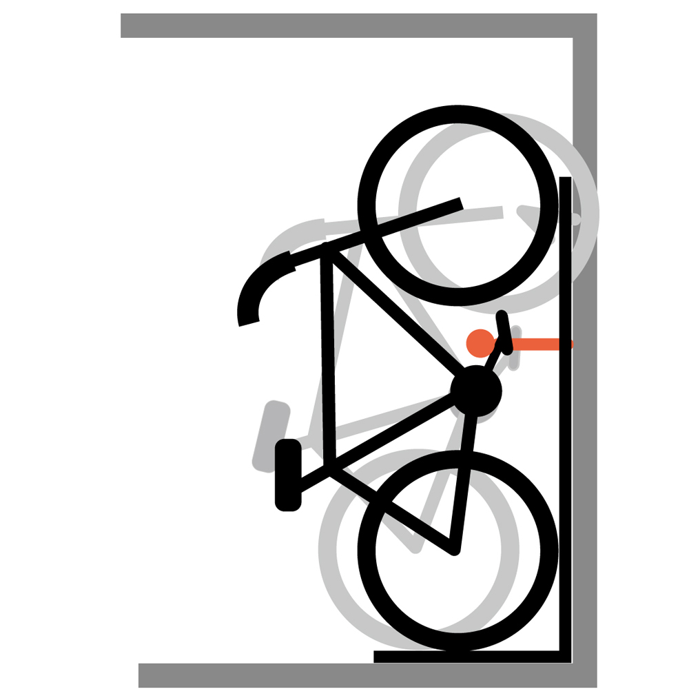 縦置き自転車スタンドを壁際に寄せて設置できる省スペース構造の模式図